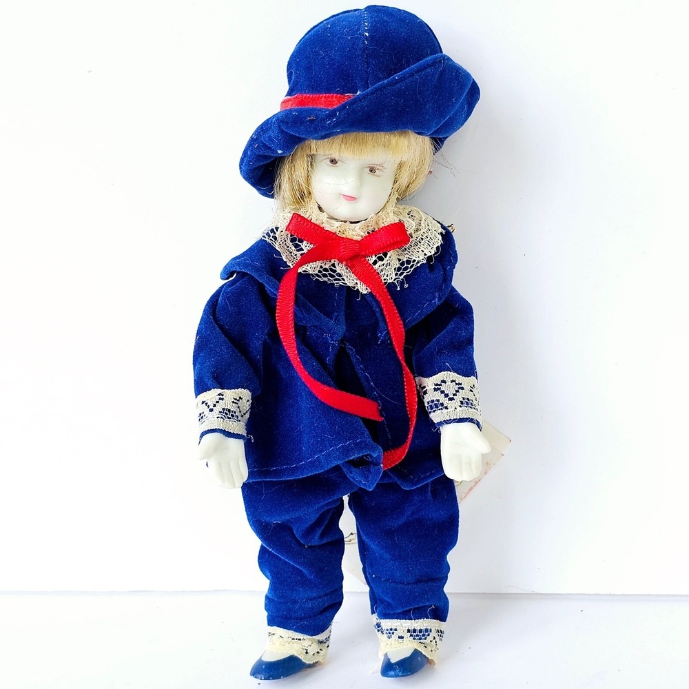 Vintage Sears Roebuck Porcelain Doll Blue Velvet Lace Trim‎ Collector Ornament
